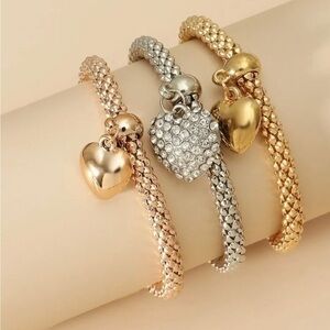 3pcs Rhinestone Heart Charm Bracelet